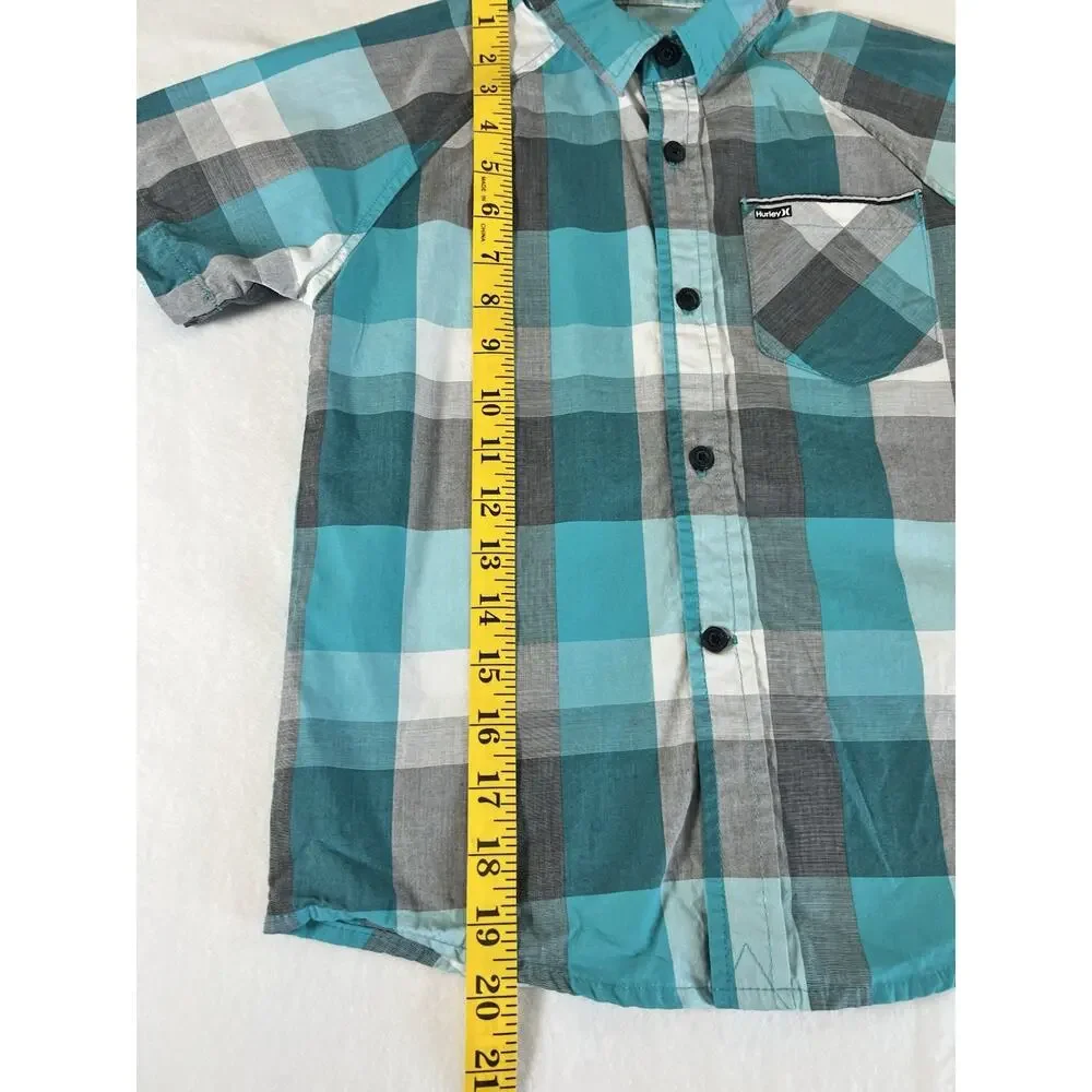 Hurley Boys 7 Plaid Button-Up Shirt Blue/Gray/White Cotton Collared Logo